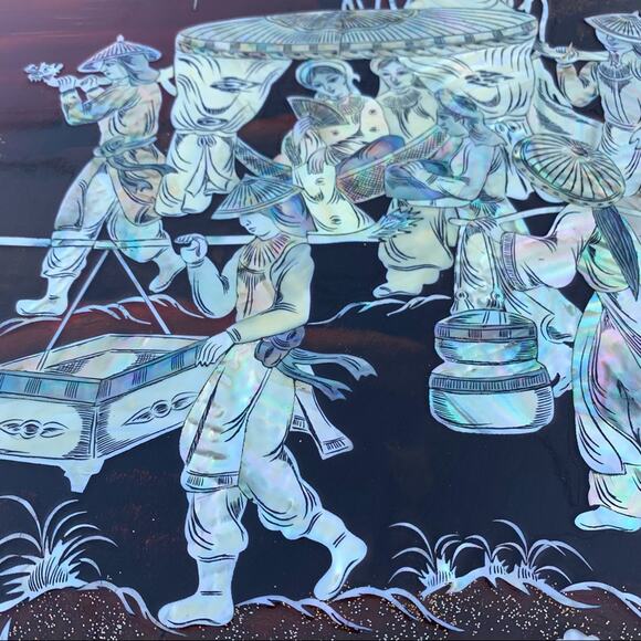 Vintage Asian Lacquered Wood Panels Inlaid with Mother Of Pearl - Picture 8 of 15